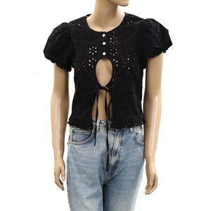 Sandy Liang Cameo Blouse Top Eyelet Embroidered Ruffle Black Cotton S-4 285021